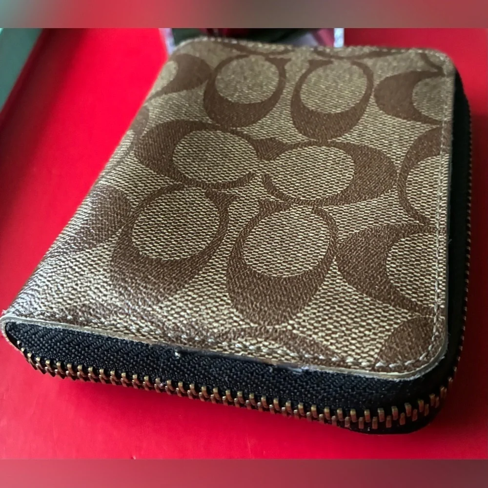 Coach Signature Canvas Small Zip Wallet in Brown/Tan